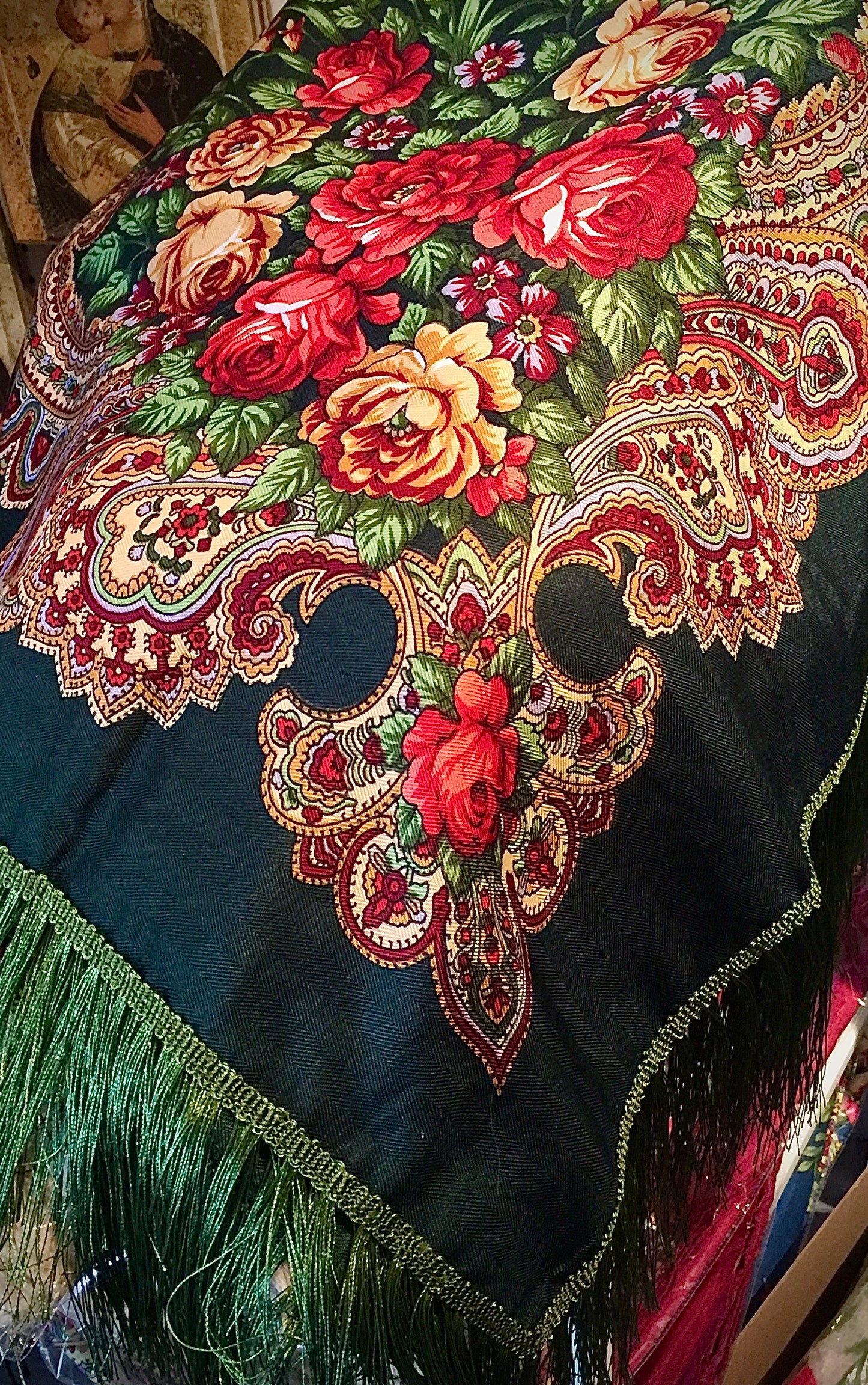 Large Floral Fringe Ukrainian Scarf/ Shawl