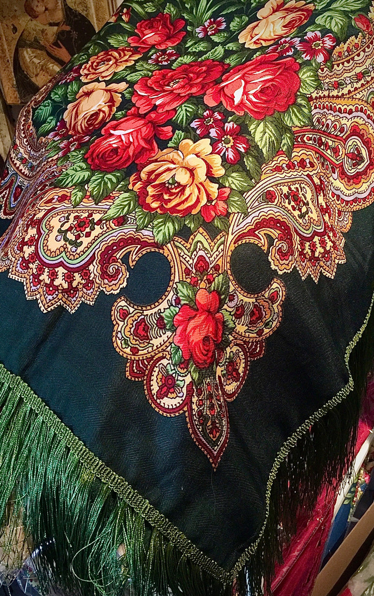 Slavic shawl scarf flower pattern fringes POLISH folk vintage Ukrainian  Kokum