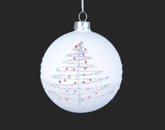 White Glass with Silver and Red Tree Ornament