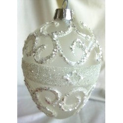 White Frosted egg shaped Christmas ornament with glitter