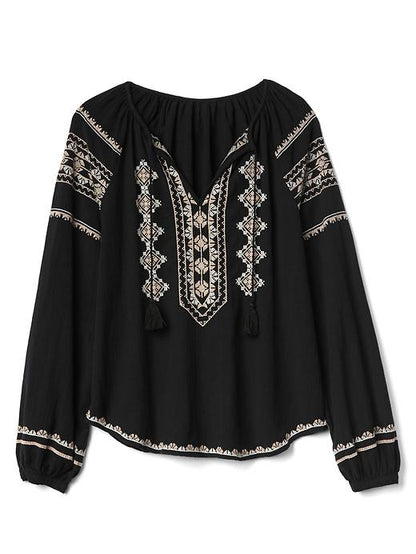 Black Blouse With White And Beige Embroidery