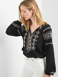 Black Blouse With White And Beige Embroidery